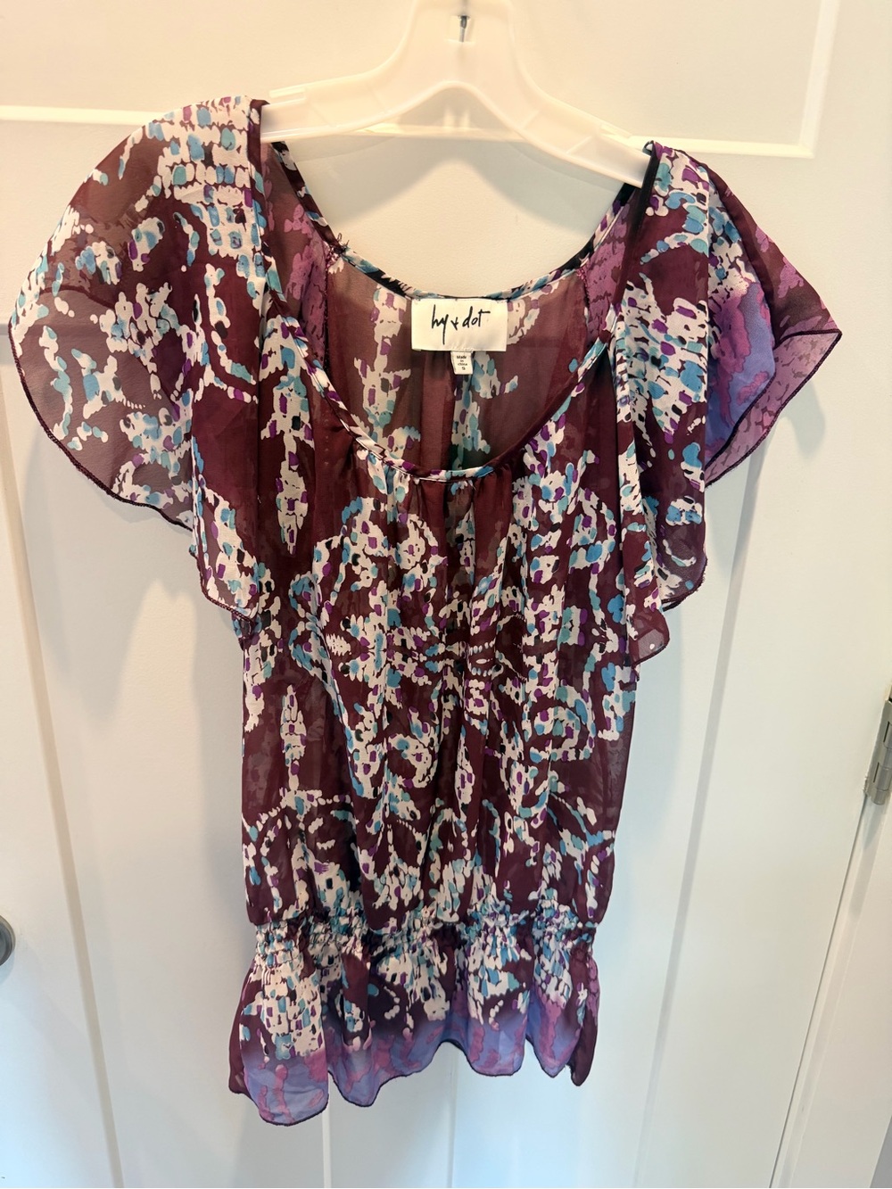 Hy & Dot Plum Floral Flutter Sleeve Blouse Small Boho Sheer